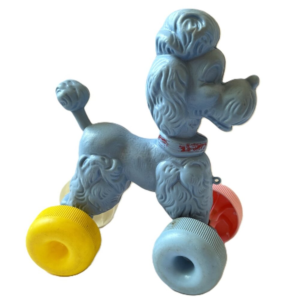 VTG 1950's Blue Poodle Dog Blow Mold Pull Toy Multi-Color Wheels Rare MCM